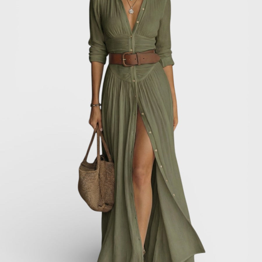 Amélia — Vestido maxi elegante com colarinho