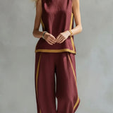 Liliana - Conjunto elegante e casual com colete e calças em algodão e linho cinza com bordos