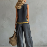 Liliana - Conjunto elegante e casual com colete e calças em algodão e linho cinza com bordos